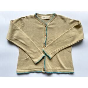 New Hand Knit Beige and Turquoise Button Down Cardigan Sweater Size S/M